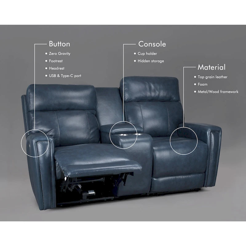71.5 Leather Zero Gravity Power Recliner Loveseat Sofa with Power Headrest, USB&USB-C Port