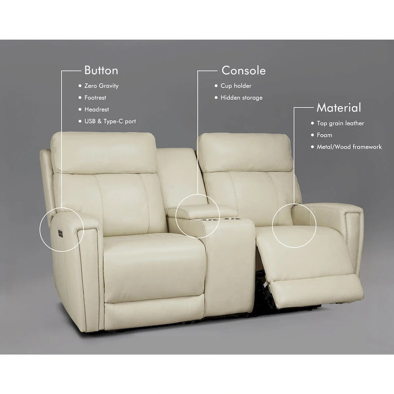71.5 Leather Zero Gravity Power Recliner Loveseat Sofa with Power Headrest, USB&USB-C Port