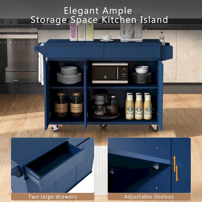 53 Rolling Kitchen Island w/ Drop Leaf,Spice Rack,Adjustable Shelves