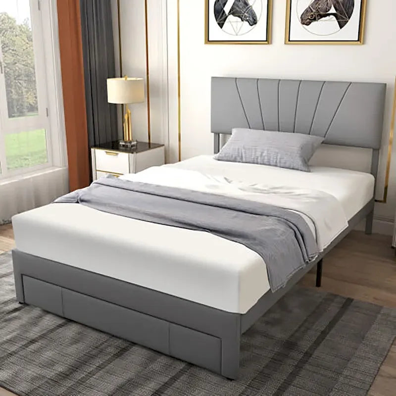 Full/Queen Upholstered Bed Frame Platform Bed with Drawer &
