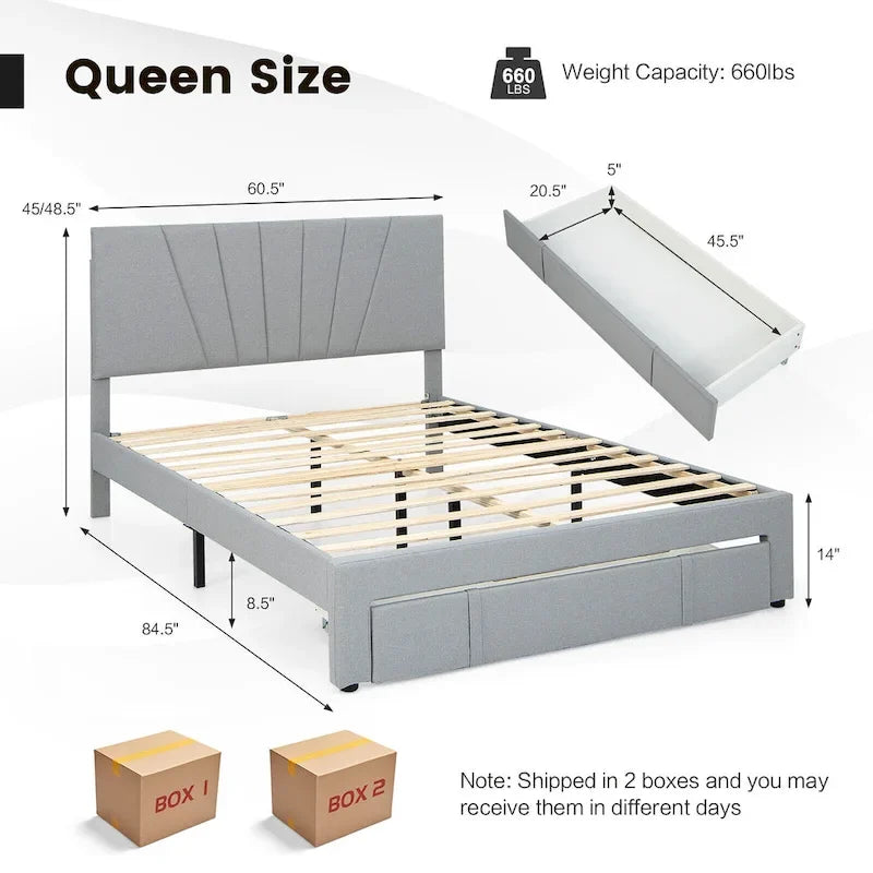 Full/Queen Upholstered Bed Frame Platform Bed with Drawer &