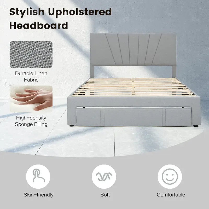 Full/Queen Upholstered Bed Frame Platform Bed with Drawer &