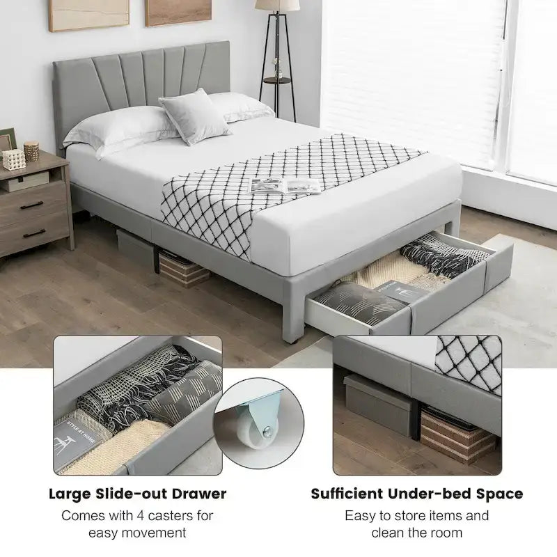 Full/Queen Upholstered Bed Frame Platform Bed with Drawer &