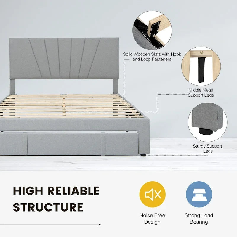 Full/Queen Upholstered Bed Frame Platform Bed with Drawer &