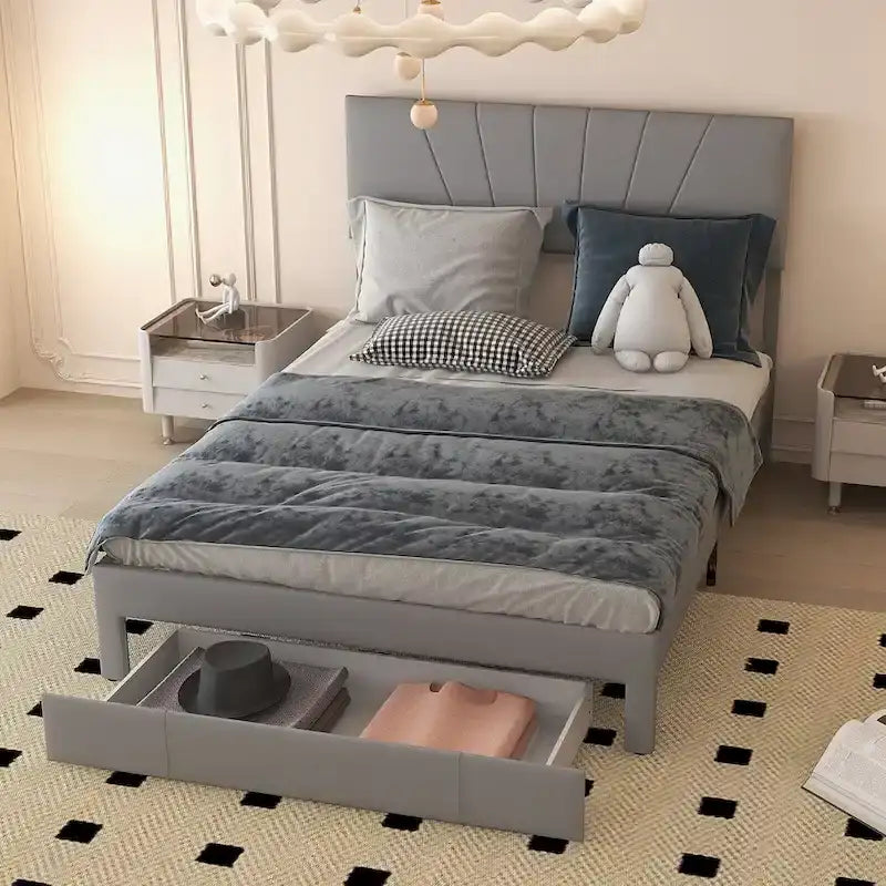 Full/Queen Upholstered Bed Frame Platform Bed with Drawer &
