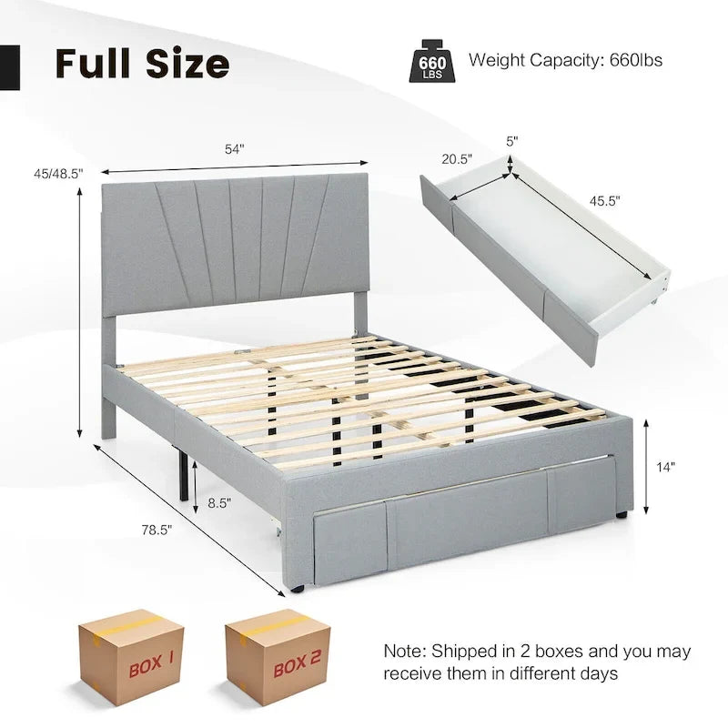 Full/Queen Upholstered Bed Frame Platform Bed with Drawer &