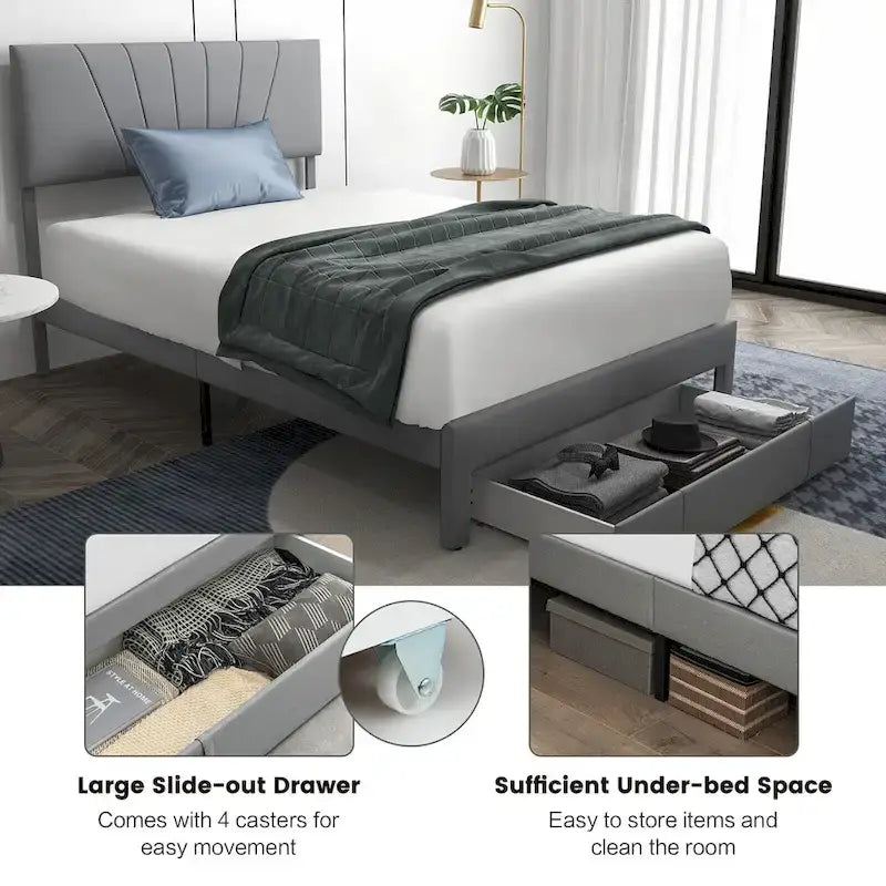 Full/Queen Upholstered Bed Frame Platform Bed with Drawer &
