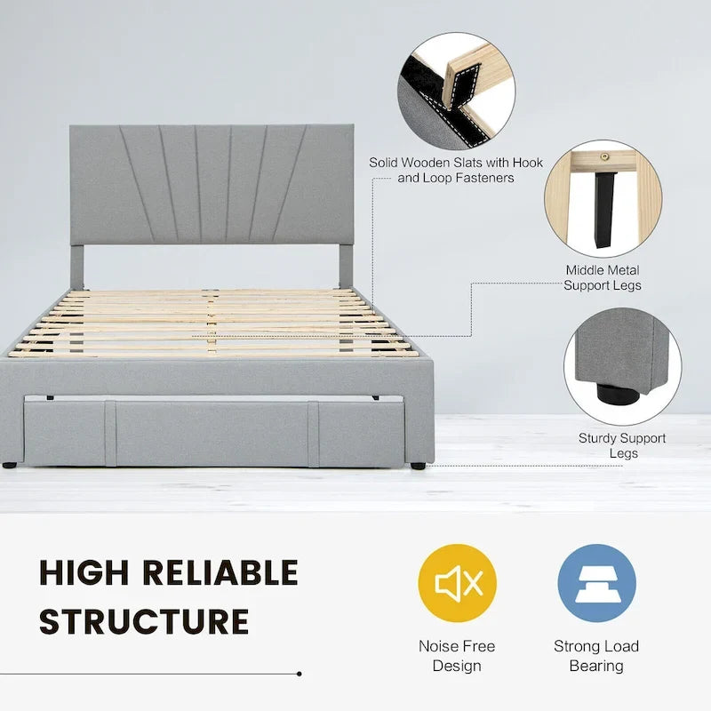 Full/Queen Upholstered Bed Frame Platform Bed with Drawer &