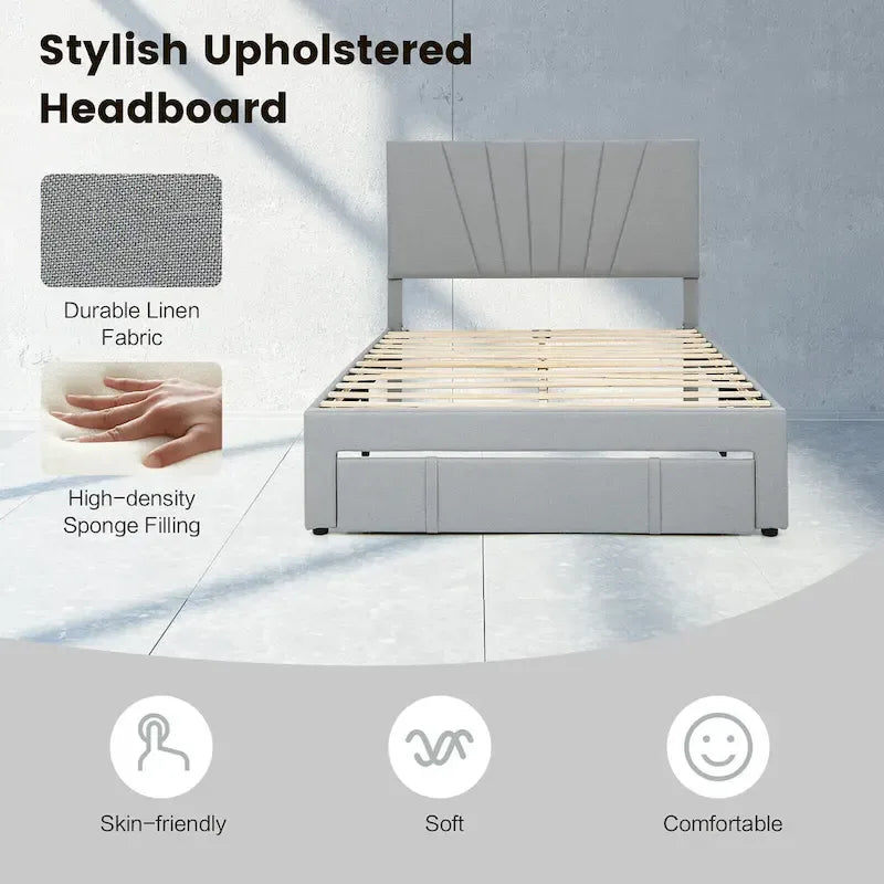 Full/Queen Upholstered Bed Frame Platform Bed with Drawer &
