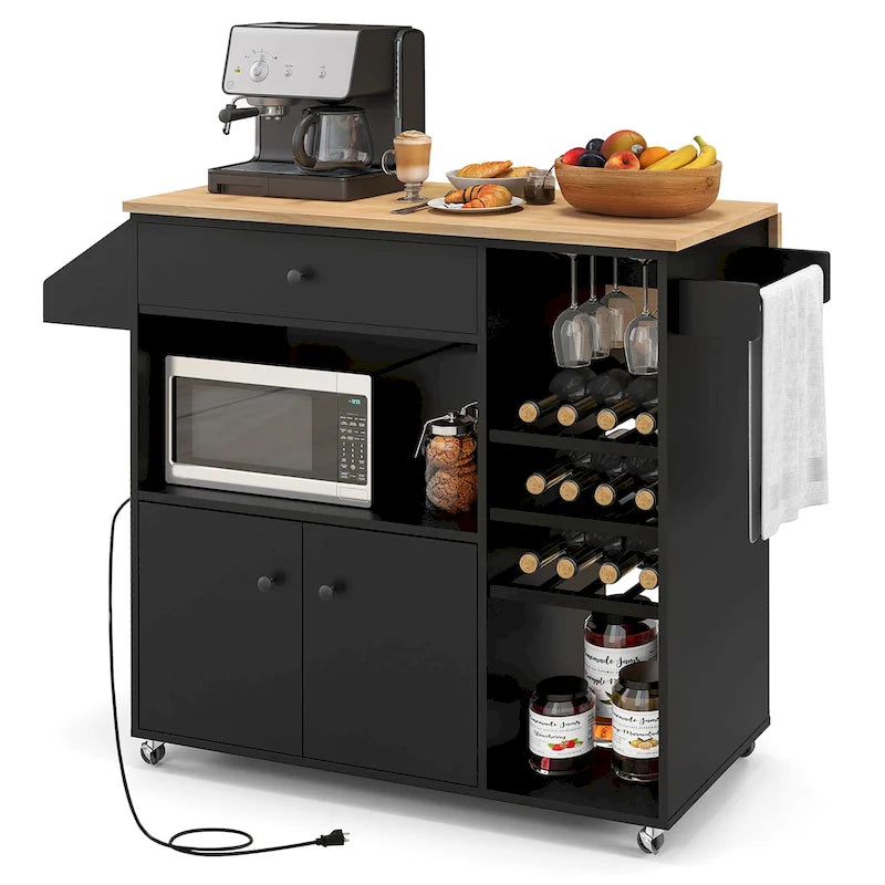 Kitchen Island Cart w/ Drop-Leaf & Power Outlet Microwave Shelf