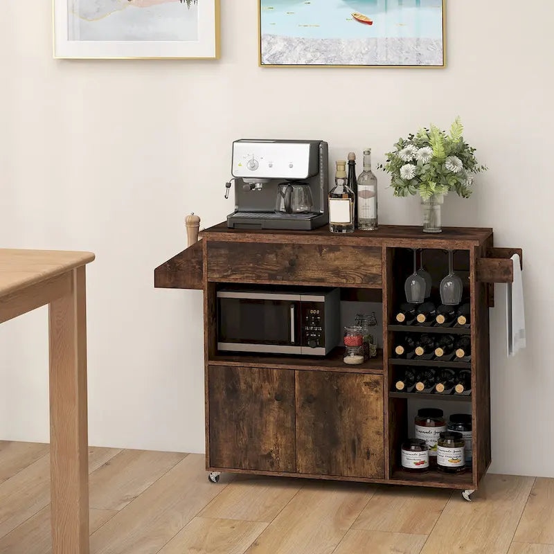 Kitchen Island Cart w/ Drop-Leaf & Power Outlet Microwave Shelf