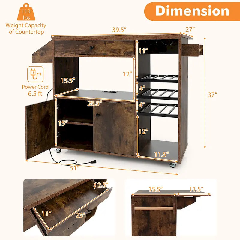 Kitchen Island Cart w/ Drop-Leaf & Power Outlet Microwave Shelf