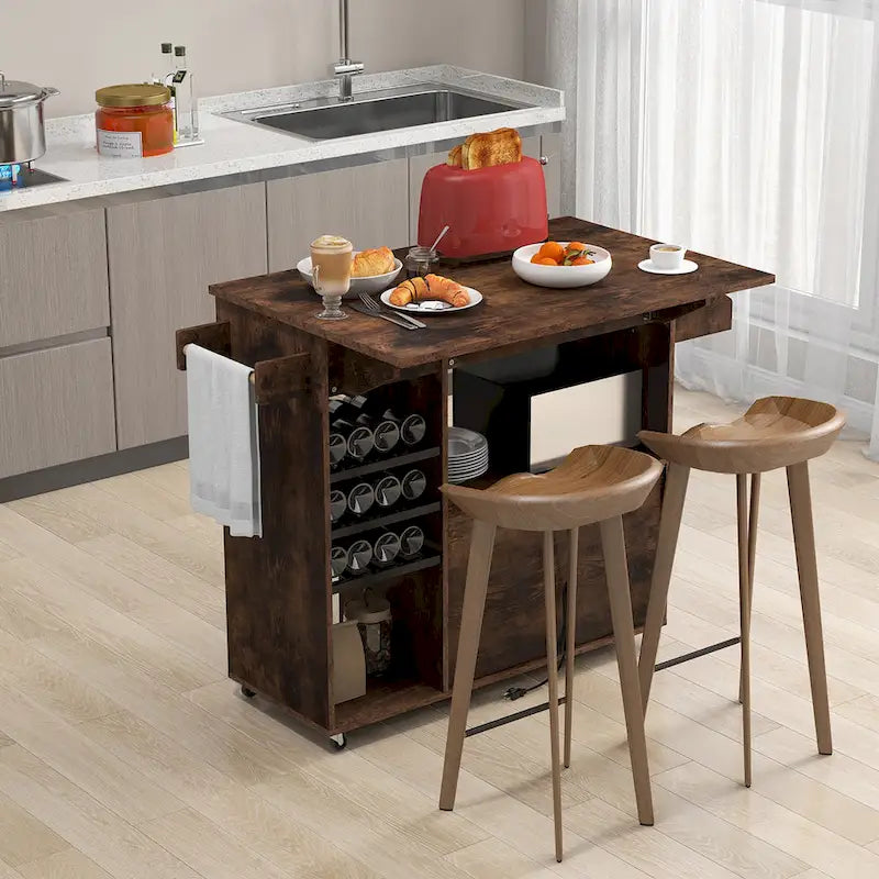 Kitchen Island Cart w/ Drop-Leaf & Power Outlet Microwave Shelf