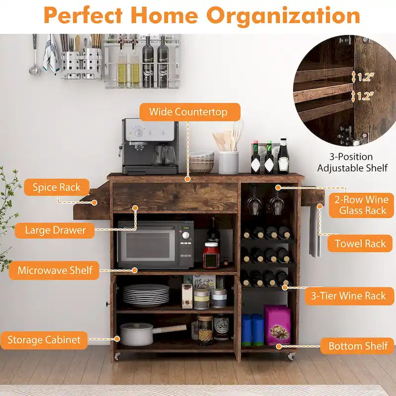 Kitchen Island Cart w/ Drop-Leaf & Power Outlet Microwave Shelf