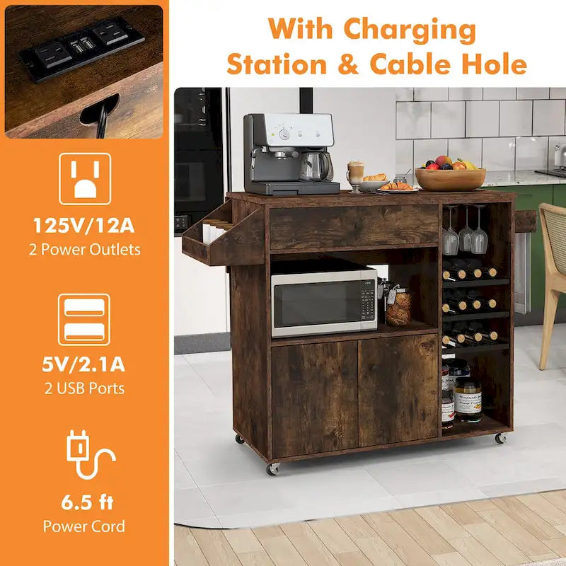 Kitchen Island Cart w/ Drop-Leaf & Power Outlet Microwave Shelf