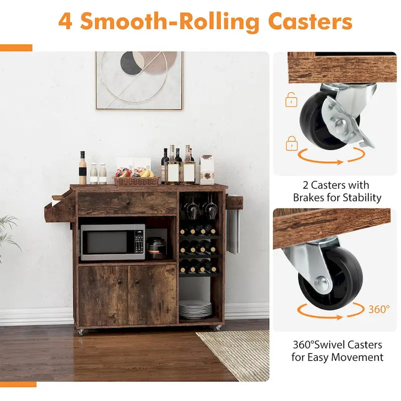 Kitchen Island Cart w/ Drop-Leaf & Power Outlet Microwave Shelf