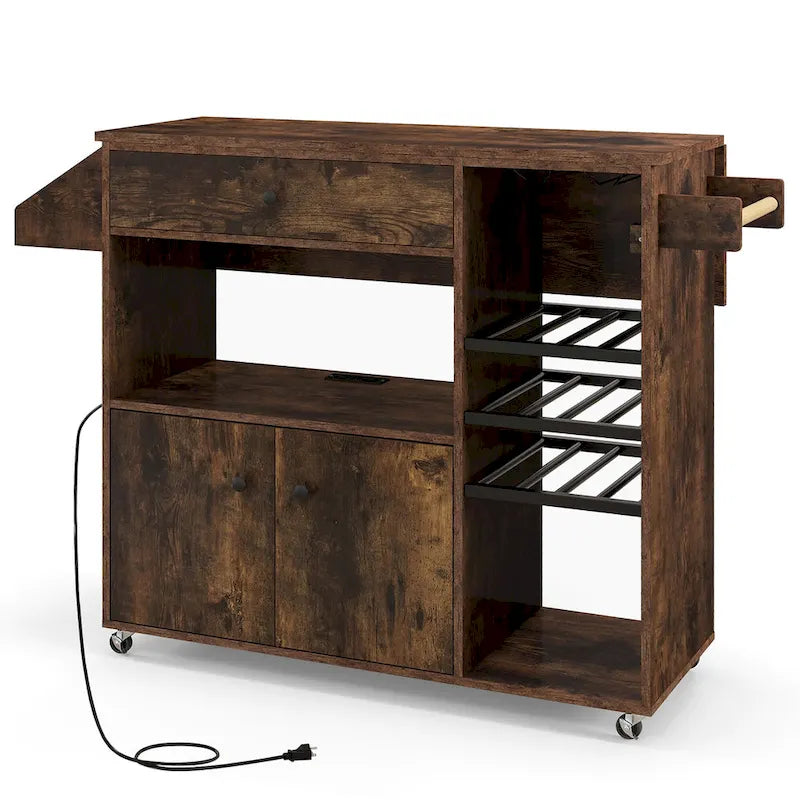 Kitchen Island Cart w/ Drop-Leaf & Power Outlet Microwave Shelf