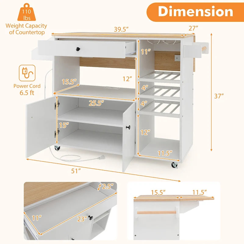 Kitchen Island Cart w/ Drop-Leaf & Power Outlet Microwave Shelf