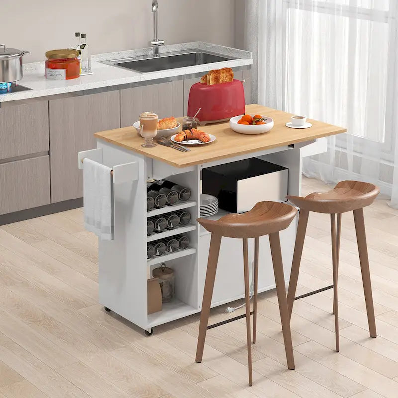 Kitchen Island Cart w/ Drop-Leaf & Power Outlet Microwave Shelf