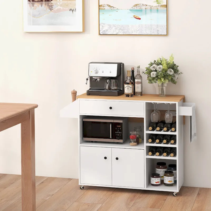 Kitchen Island Cart w/ Drop-Leaf & Power Outlet Microwave Shelf