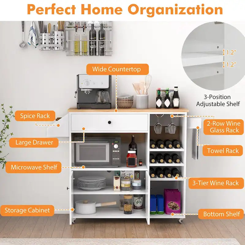 Kitchen Island Cart w/ Drop-Leaf & Power Outlet Microwave Shelf