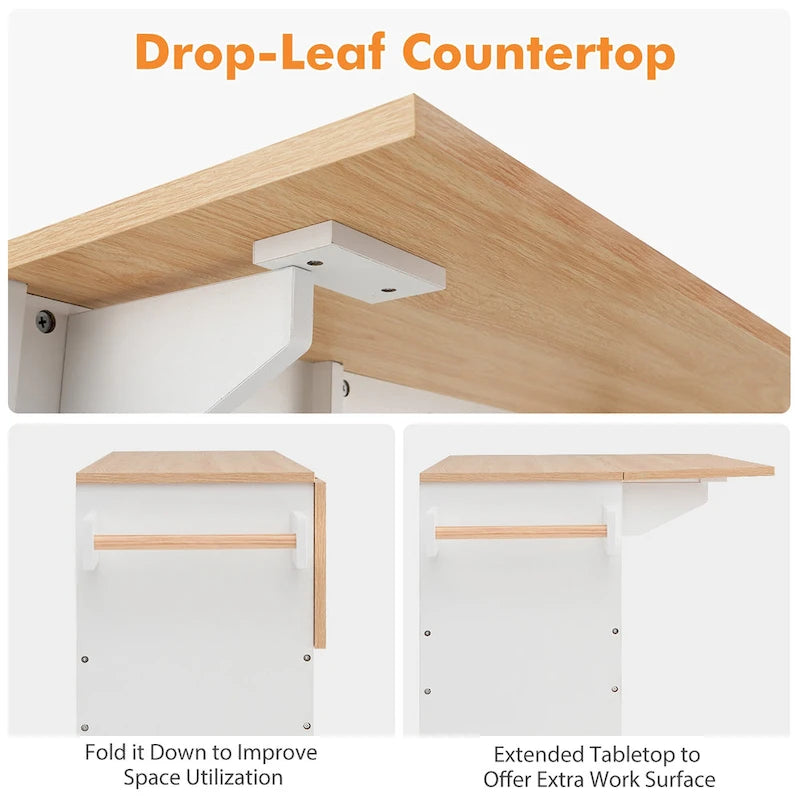 Kitchen Island Cart w/ Drop-Leaf & Power Outlet Microwave Shelf