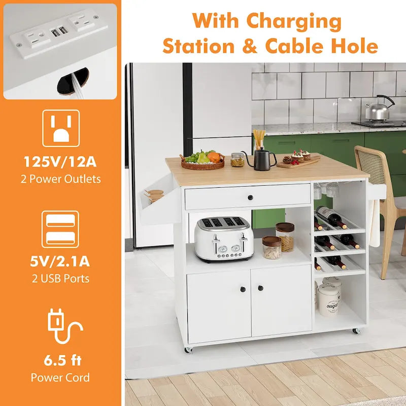 Kitchen Island Cart w/ Drop-Leaf & Power Outlet Microwave Shelf