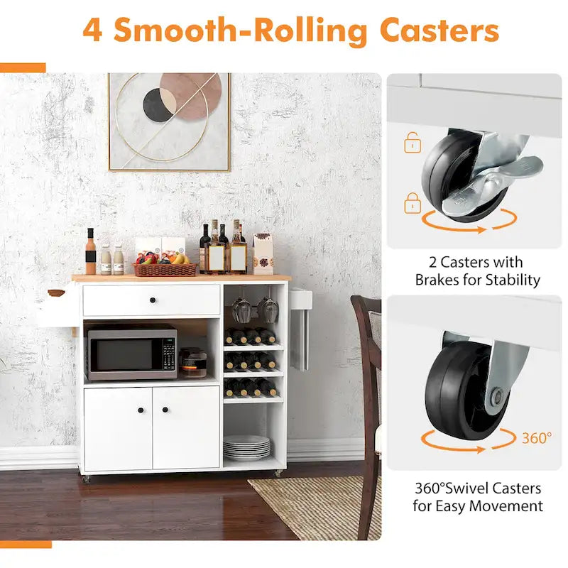 Kitchen Island Cart w/ Drop-Leaf & Power Outlet Microwave Shelf