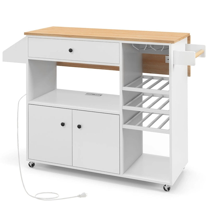 Kitchen Island Cart w/ Drop-Leaf & Power Outlet Microwave Shelf