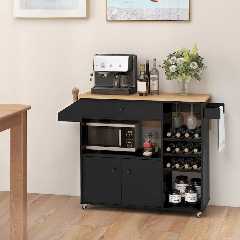 Kitchen Island Cart w/ Drop-Leaf & Power Outlet Microwave Shelf