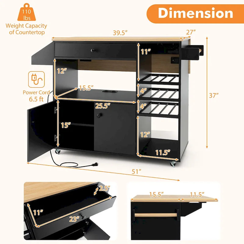 Kitchen Island Cart w/ Drop-Leaf & Power Outlet Microwave Shelf