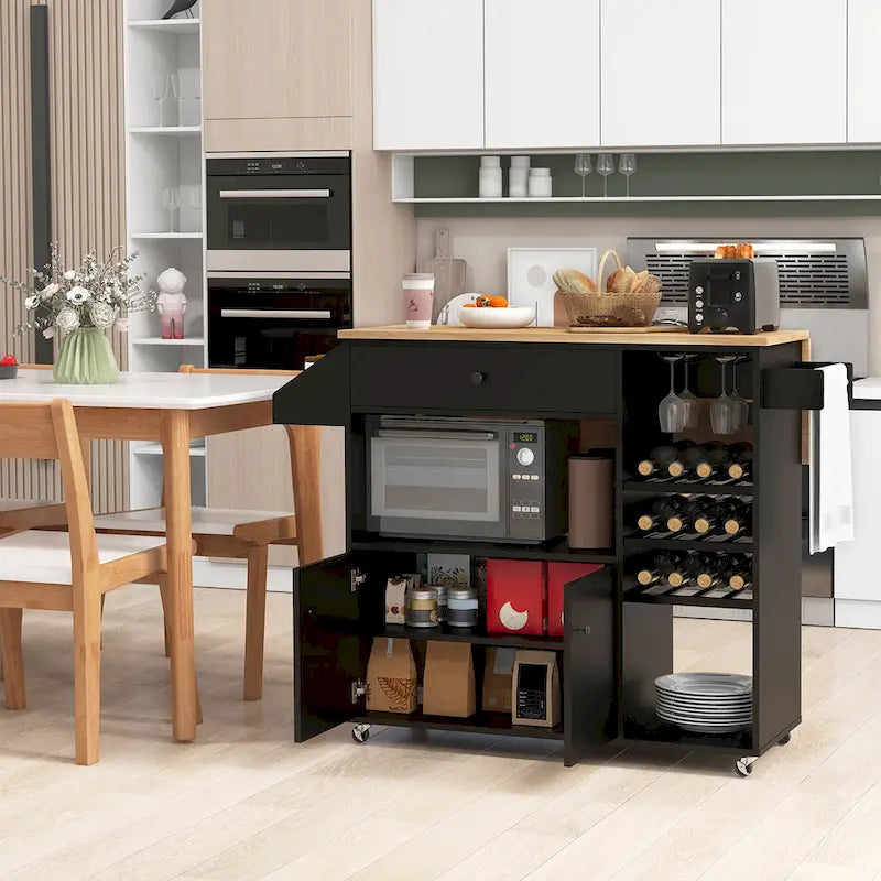 Kitchen Island Cart w/ Drop-Leaf & Power Outlet Microwave Shelf
