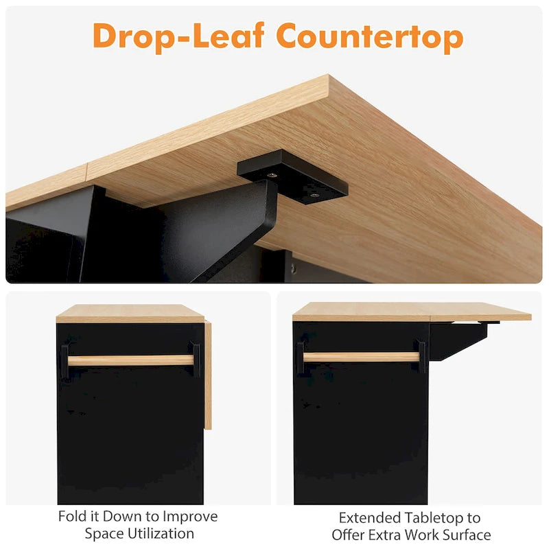 Kitchen Island Cart w/ Drop-Leaf & Power Outlet Microwave Shelf