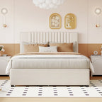 Linen Upholstered Platform Bed Vertical Lines Headboard with Nailhead Trim, Wood Panel Bed Frame 2 Drawers & Trundle Bed