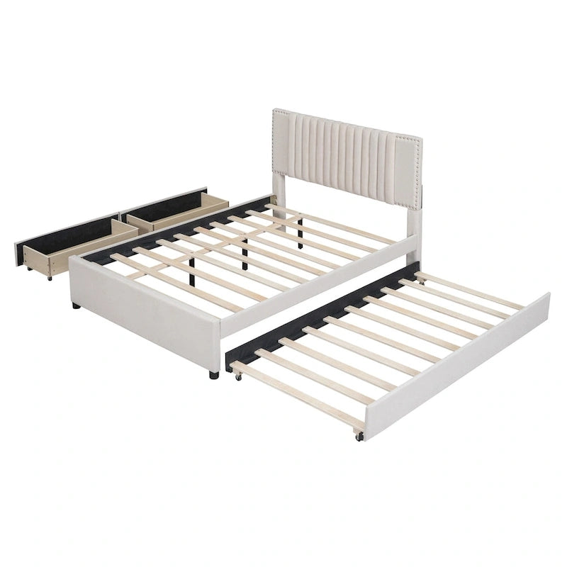 Linen Upholstered Platform Bed Vertical Lines Headboard with Nailhead Trim, Wood Panel Bed Frame 2 Drawers & Trundle Bed