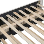 Lit plateforme tapissé de lin avec tête de lit à lignes verticales et cloutée, cadre de lit en bois avec 2 tiroirs et lit gigogne