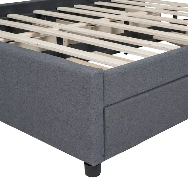 Linen Upholstered Platform Bed Vertical Lines Headboard with Nailhead Trim, Wood Panel Bed Frame 2 Drawers & Trundle Bed