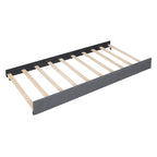 Lit plateforme tapissé de lin avec tête de lit à lignes verticales et cloutée, cadre de lit en bois avec 2 tiroirs et lit gigogne