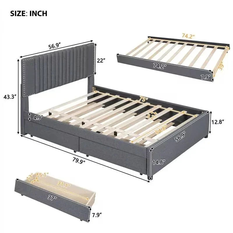 Linen Upholstered Platform Bed Vertical Lines Headboard with Nailhead Trim, Wood Panel Bed Frame 2 Drawers & Trundle Bed