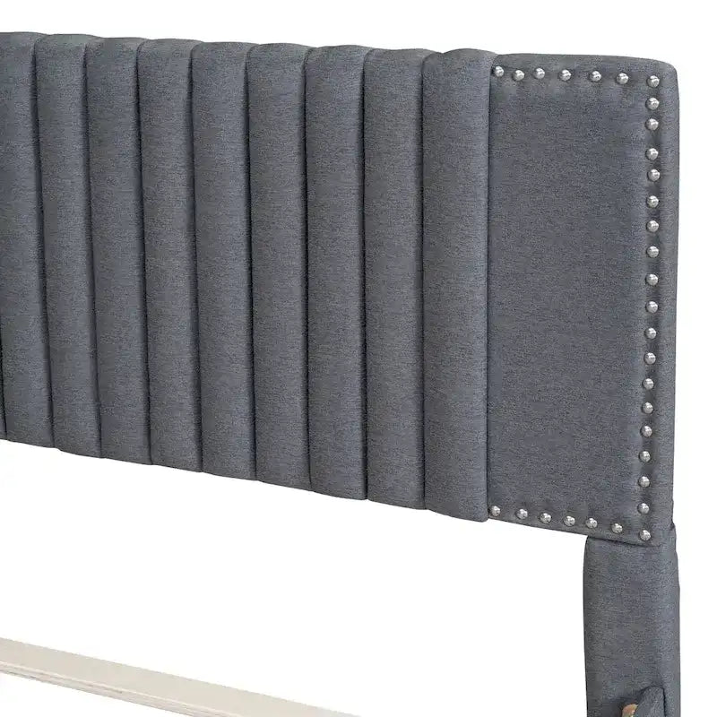 Linen Upholstered Platform Bed Vertical Lines Headboard with Nailhead Trim, Wood Panel Bed Frame 2 Drawers & Trundle Bed