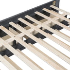 Lit plateforme tapissé de lin avec tête de lit à lignes verticales et cloutée, cadre de lit en bois avec 2 tiroirs et lit gigogne