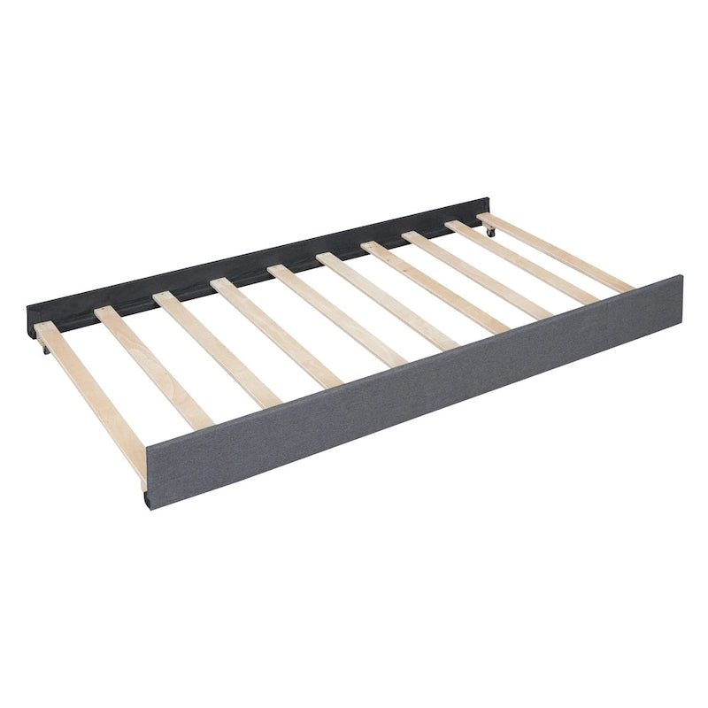 Linen Upholstered Platform Bed Vertical Lines Headboard with Nailhead Trim, Wood Panel Bed Frame 2 Drawers & Trundle Bed