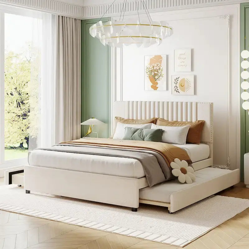 Linen Upholstered Platform Bed Vertical Lines Headboard with Nailhead Trim, Wood Panel Bed Frame 2 Drawers & Trundle Bed