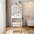 Small Makeup Vanity Desk with Mirror & LED Lights,Built-in Power Outlet & Hidden Storage,Includes Padded stool & Shelf