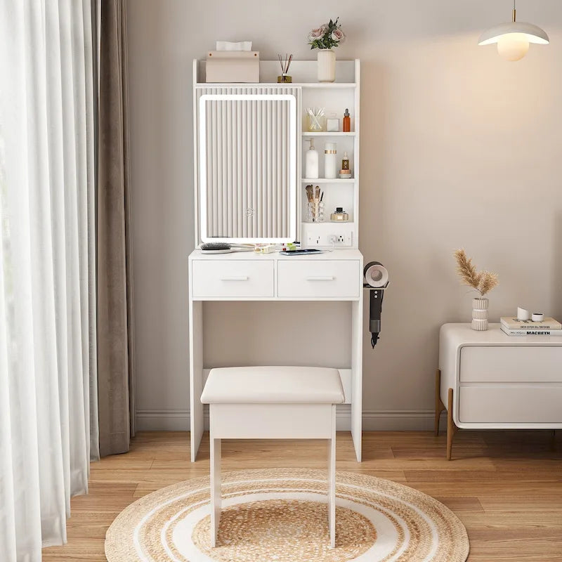 Small Makeup Vanity Desk with Mirror & LED Lights,Built-in Power Outlet & Hidden Storage,Includes Padded stool & Shelf