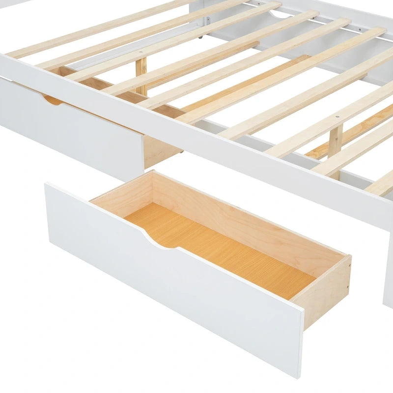 White Queen Size Platform Bed with Rattan Headboard,Two Drawers and Trundle