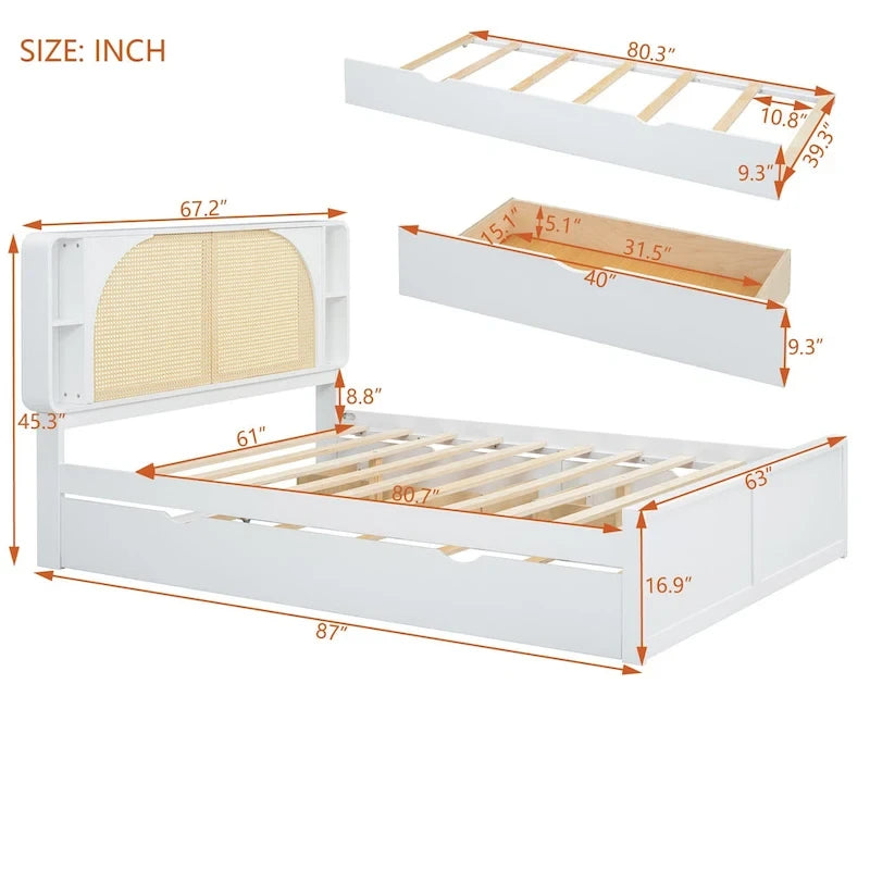 White Queen Size Platform Bed with Rattan Headboard,Two Drawers and Trundle