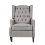 Fauteuil inclinable gris en tissu de style Mid-Century avec oreilles, mécanisme à poussoir, repose-pieds et dossier capitonné.