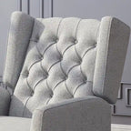 Fauteuil inclinable gris en tissu de style Mid-Century avec oreilles, mécanisme à poussoir, repose-pieds et dossier capitonné.