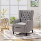 Fauteuil inclinable gris en tissu de style Mid-Century avec oreilles, mécanisme à poussoir, repose-pieds et dossier capitonné.